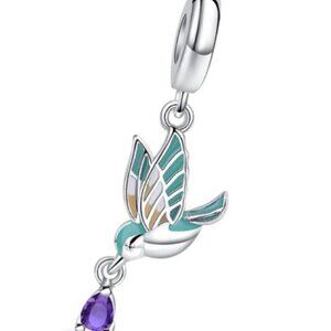 Sterling Silver Enamel Bird with Amethyst CZ Drop Dangle Charm